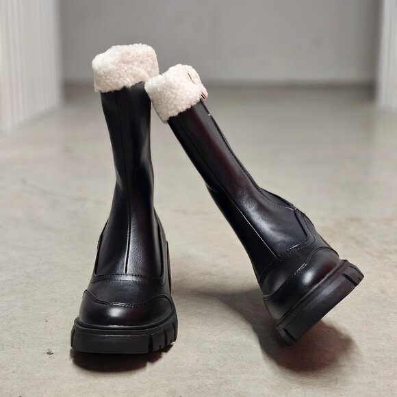 Black Winter Boots With Faux Fur Trim & Chunky Sole - Womens Mid-Calf Style With - Picture 3 of 7